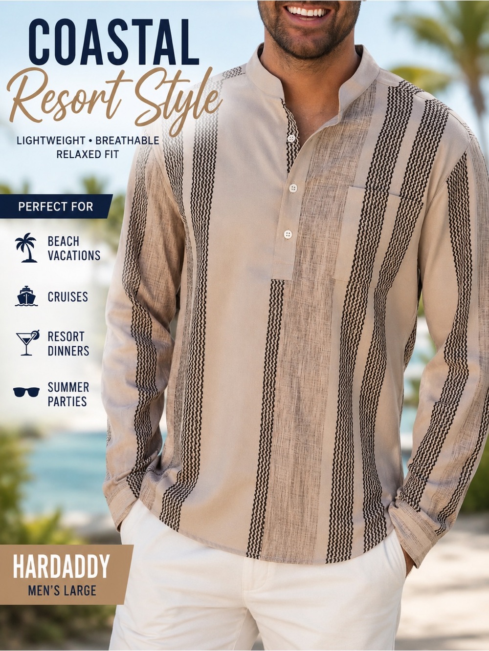 Men’s Resort Shirt Large Beige Tan Vertical Stripe Henley Cuban Camp Collar